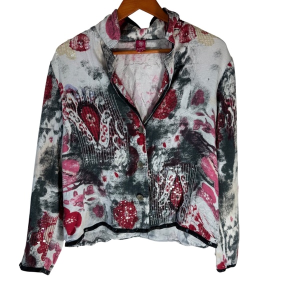 Sandy Starkman Vintage Cotton Sequin Detailed Button Front Jacket Sz XL - Picture 1 of 6